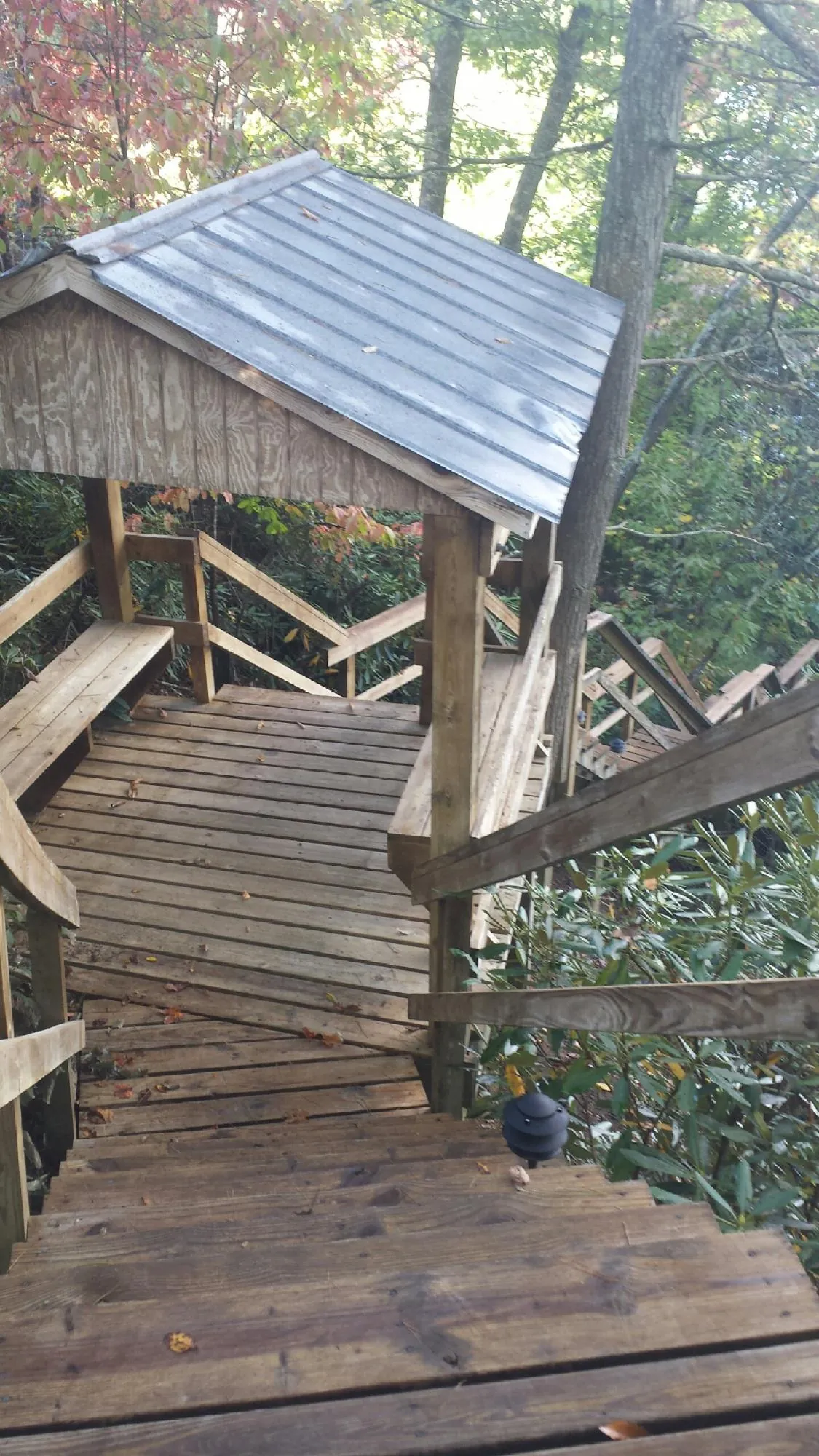 Metal roofed shelter over wooden steps on a wooded walkway — Skylight Repair & Installation work by our crew in Minburn